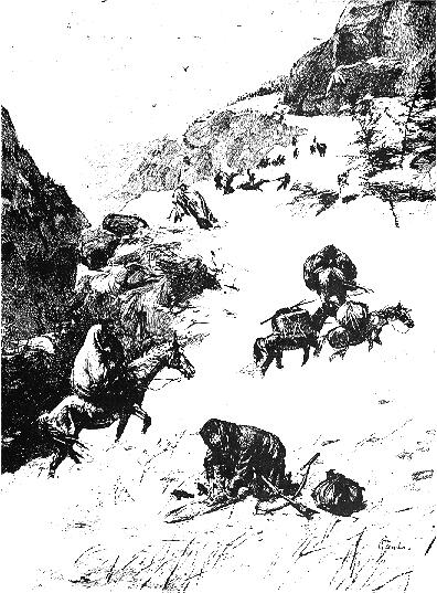 Drawing of Donner Party on mountain