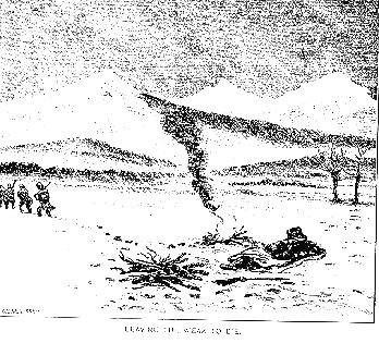 Drawing of Denton by a fire