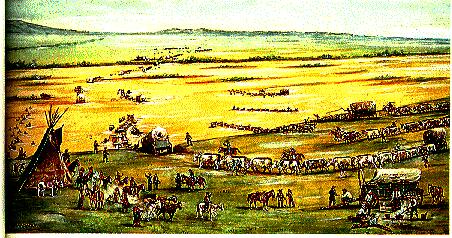 Painting of wagons crossing river